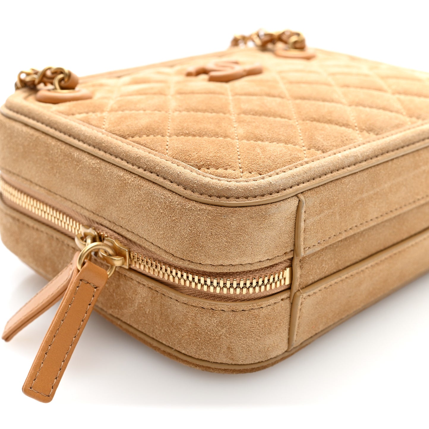 Suede Quilted CC Tassel Camera Case Light Brown