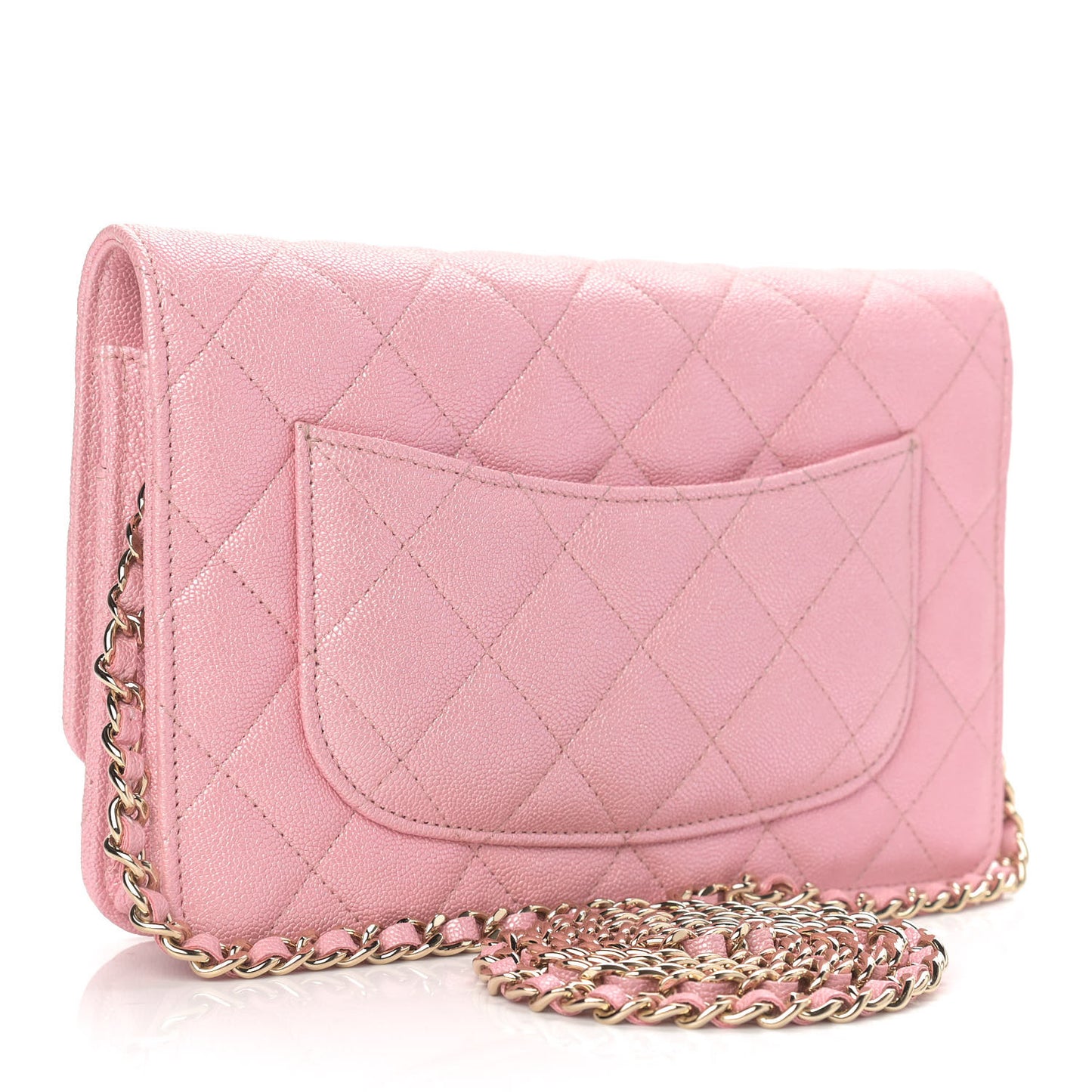 Iridescent Caviar Quilted Wallet on Chain WOC Rose Pink