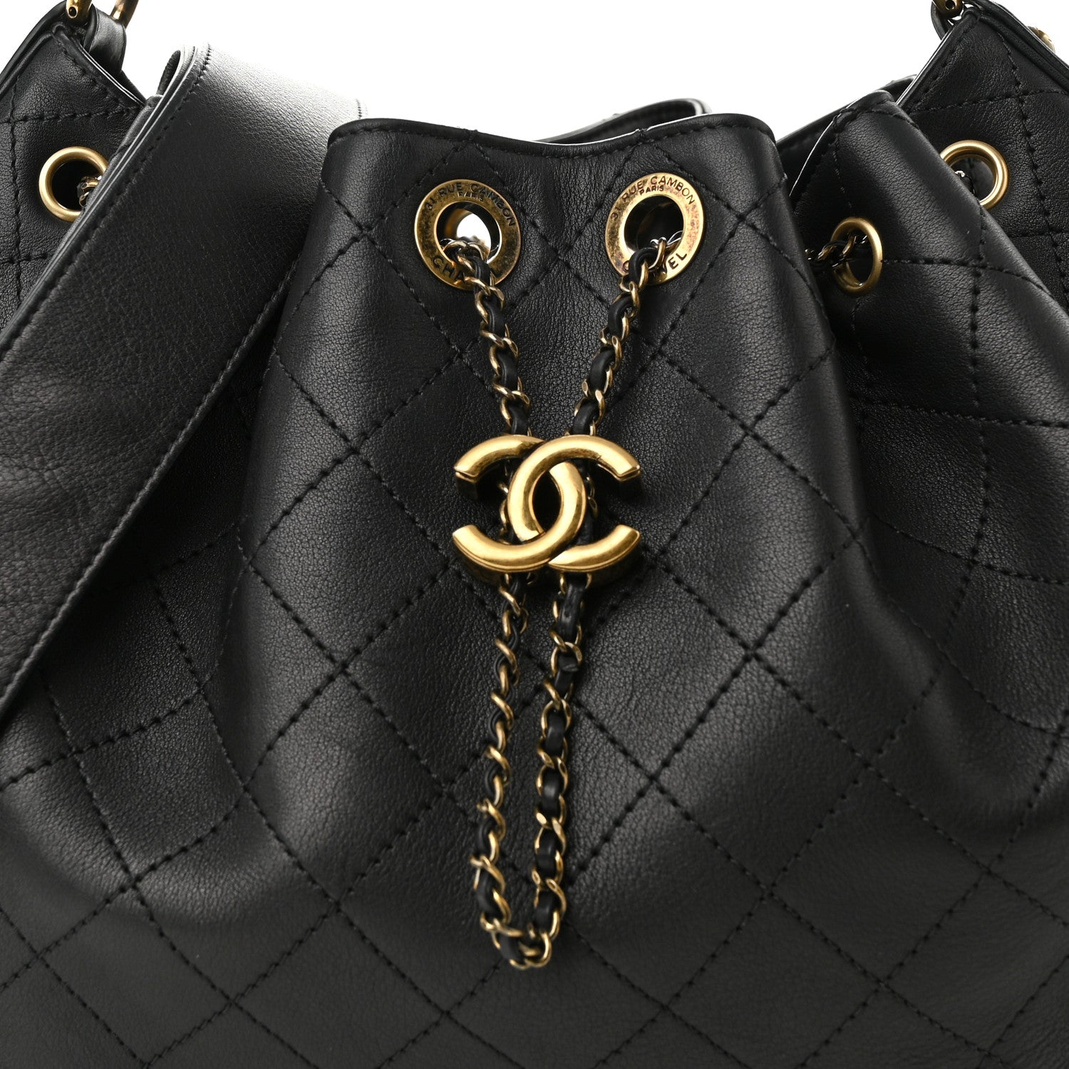 Chanel Calfskin Stitched Small Paris Rome Drawstring CC Bag Black 9 of 11