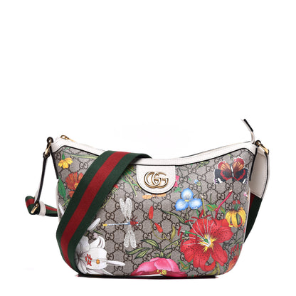 Gucci GG Supreme Monogram Flora Web Small Ophidia Half Moon Hobo White 1 of 9