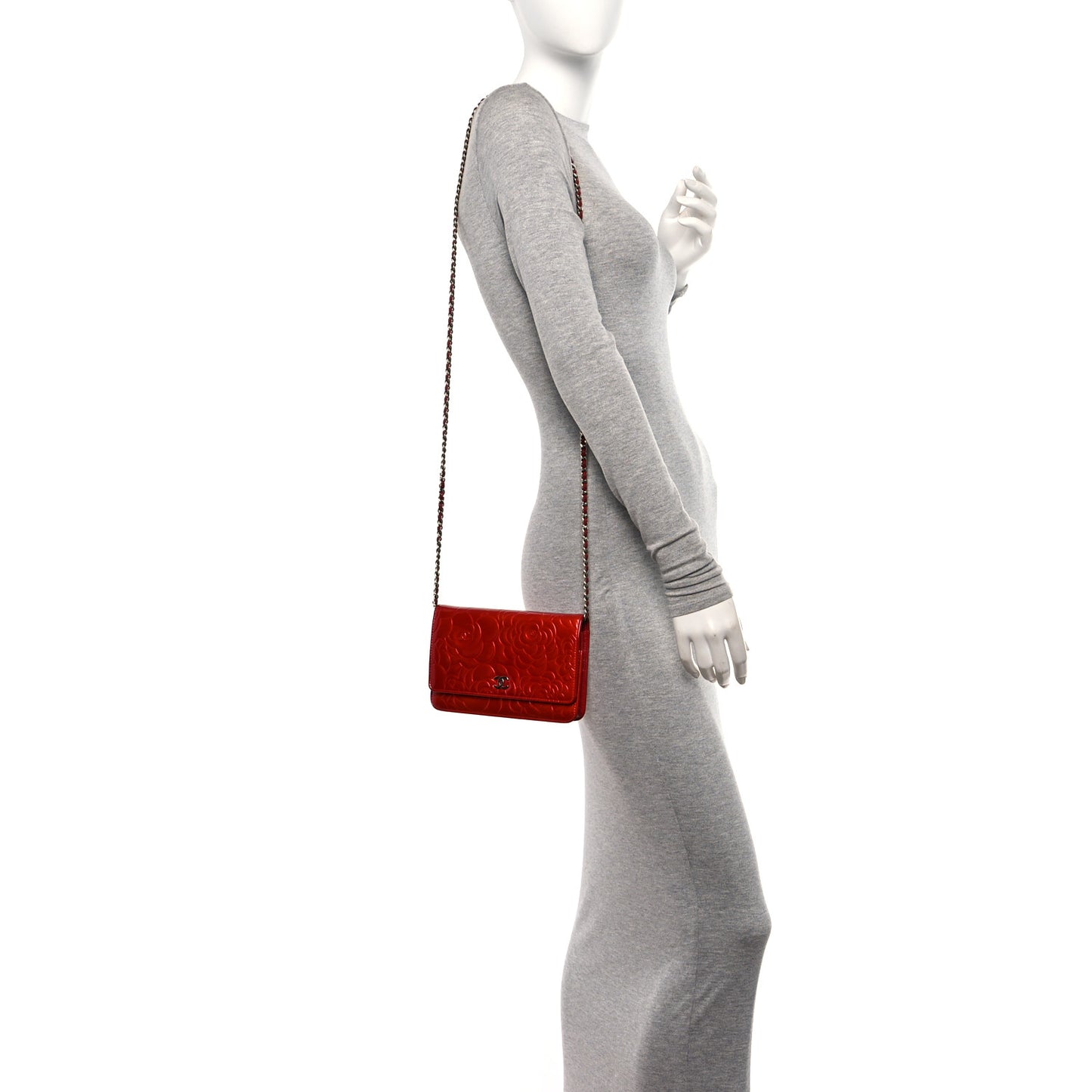 Patent Camellia Embossed Wallet On Chain WOC Red
