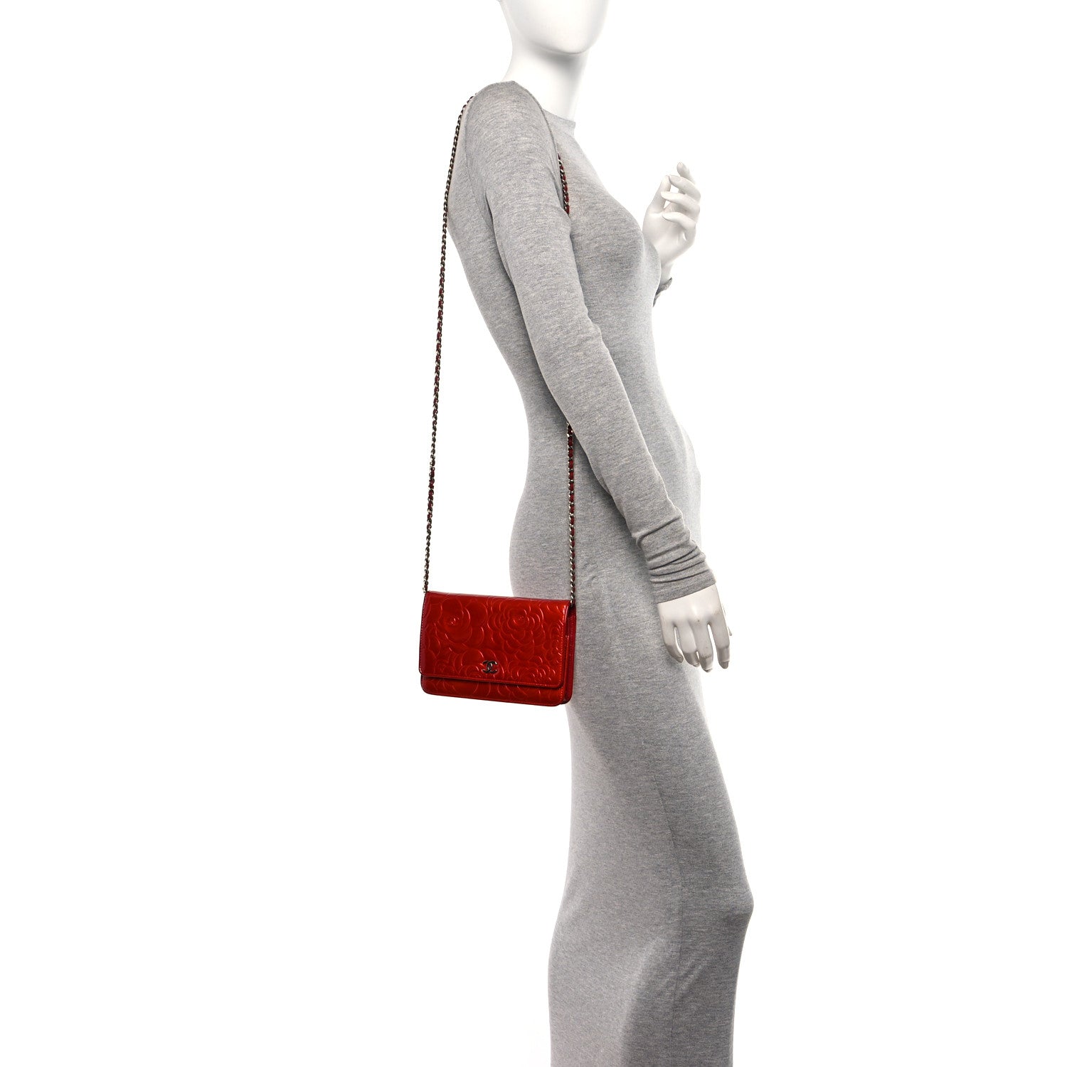 Chanel Patent Camellia Embossed Wallet On Chain WOC Red 2 of 11
