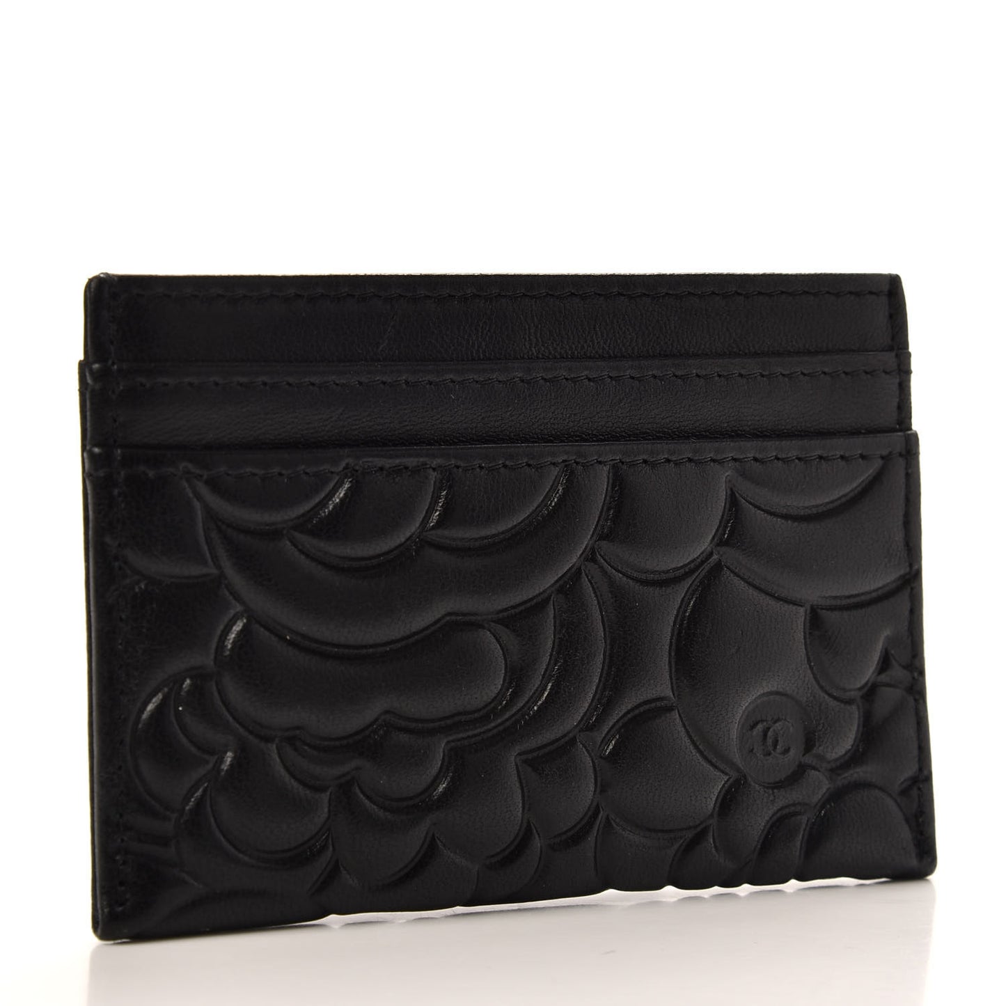 Lambskin Camellia Embossed Card Holder Black