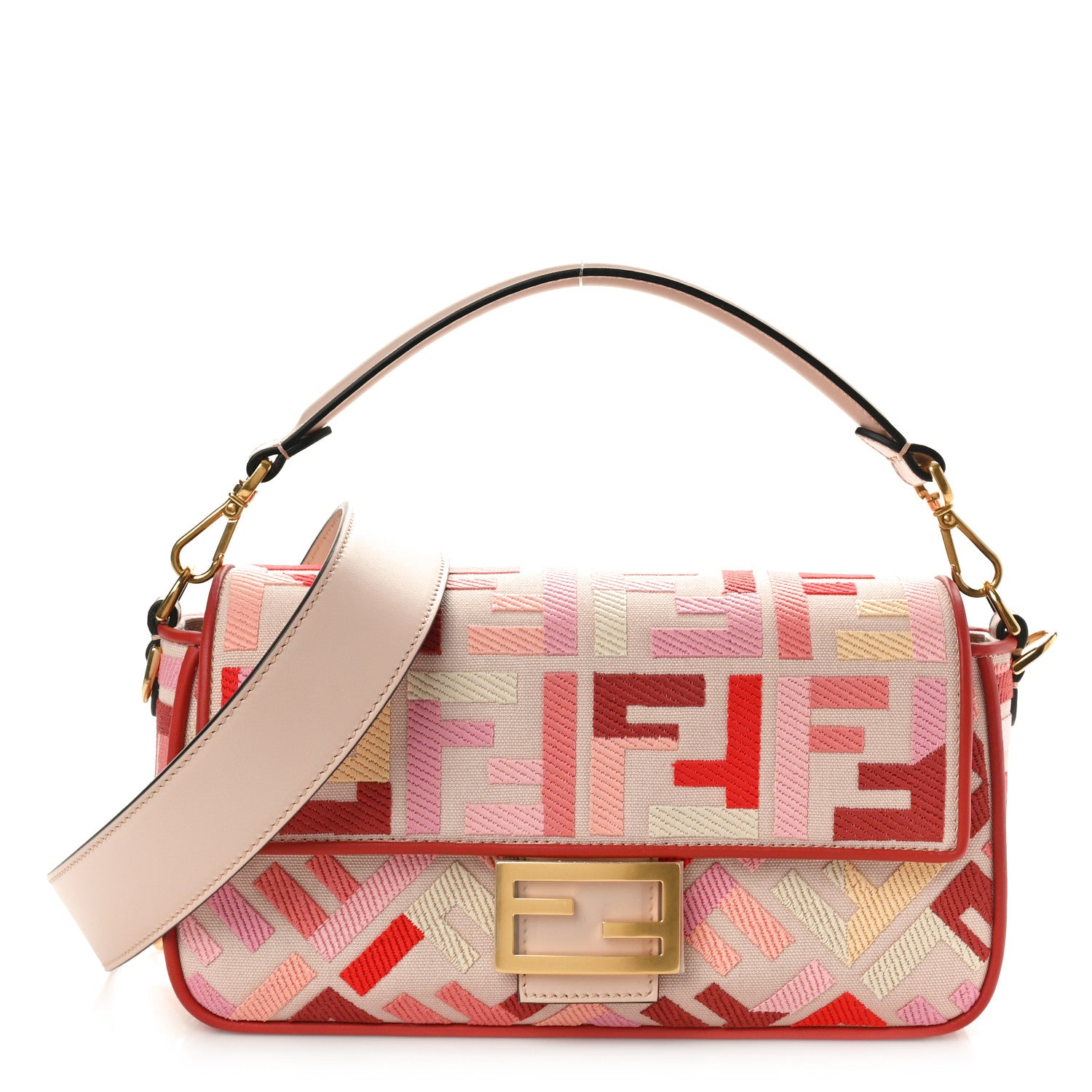 Fendi Canvas Vitello King FF Embroidered Baguette Rosa Quarzo Bloody Mary Multicolor 1 of 10
