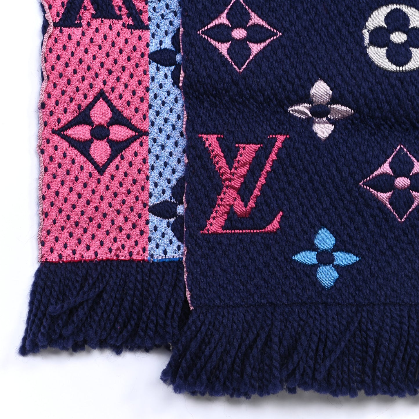 Wool Silk Rainbow Logomania Scarf Navy