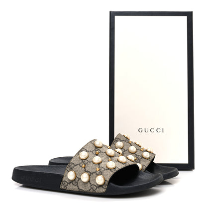 Gucci GG Supreme Monogram Pearls Slide Sandals 38 Beige 11 of 11