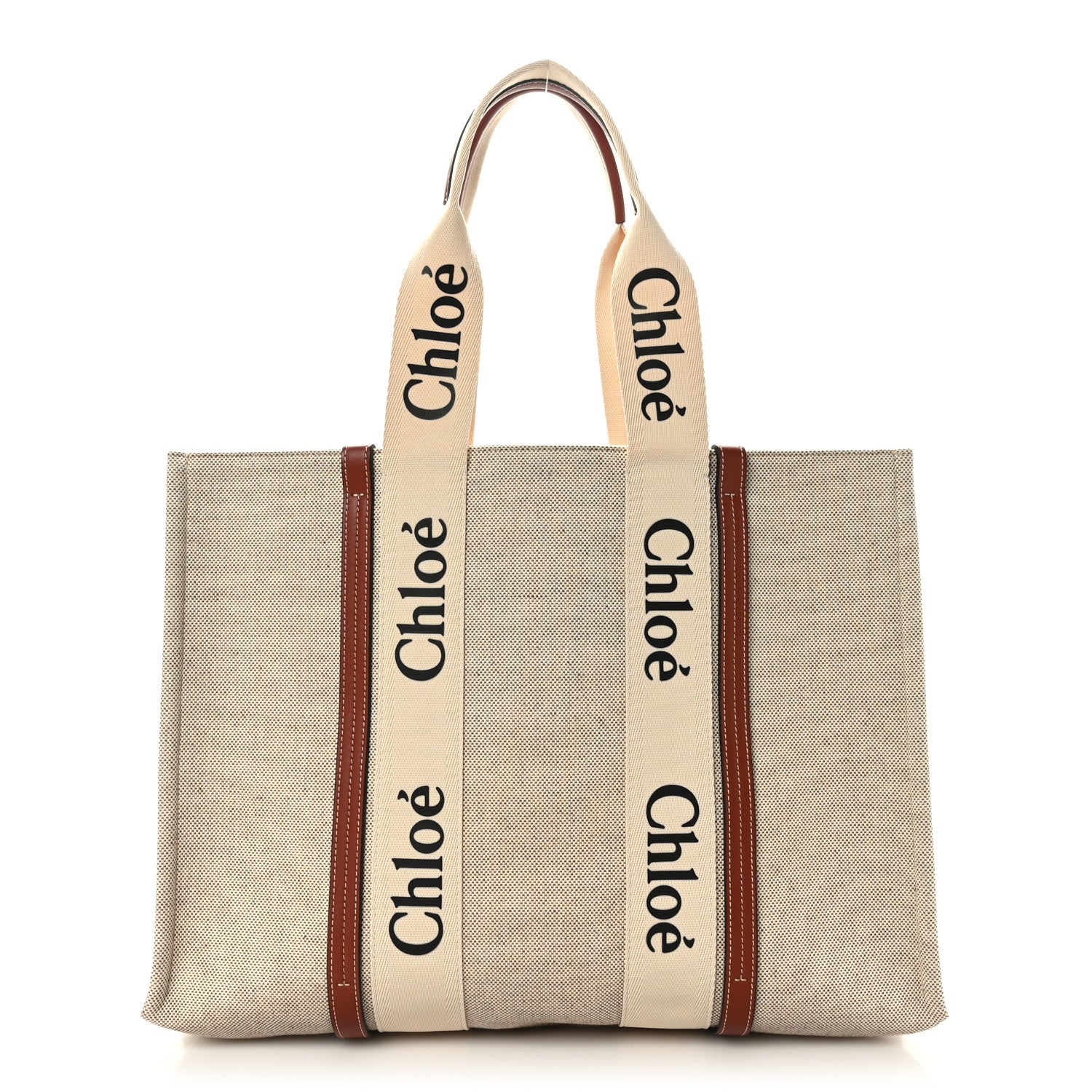 Chloe Cotton Calfskin Large Woody Ribbon Tote White Brown 1 of 8