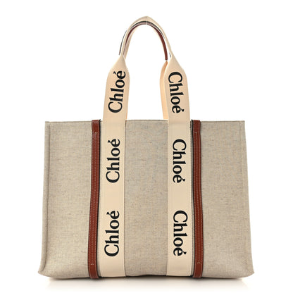 Chloe Cotton Calfskin Large Woody Ribbon Tote White Brown 1 of 8