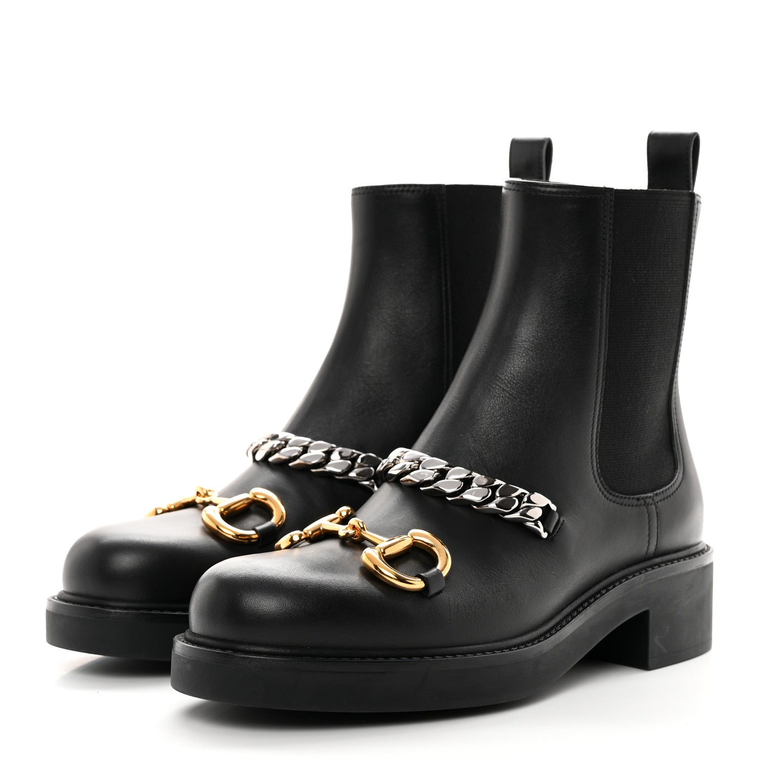 Gucci Flores Calfskin Horsebit Chain Ankle Boots 37 Black 3 of 13