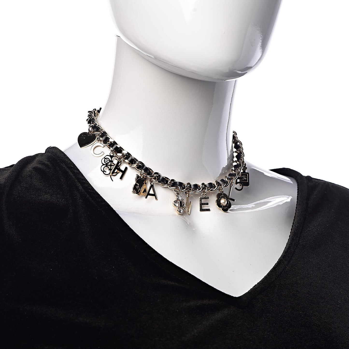 Lambskin Crystal CC Logo Charming Choker Gold Black