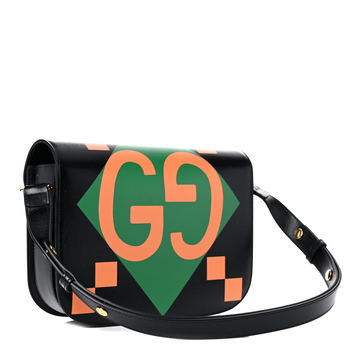 Gucci Textured Calfskin Geometric Print Horsebit 1955 Shoulder Bag Black Multicolor 3 of 11