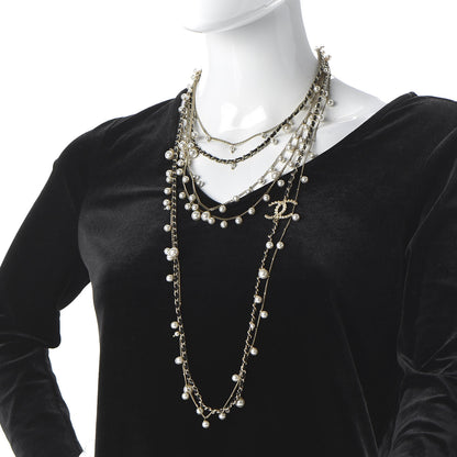 Chanel Pearl Crystal Lambskin CC Multi Strand Necklace Light Gold Black 2 of 6