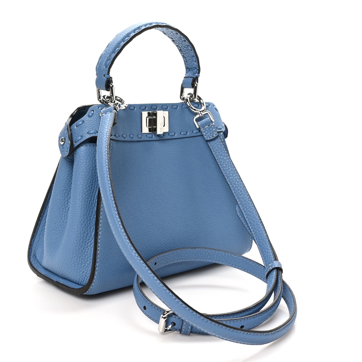 Fendi Cuoio Romano Selleria Macro Stitchings Mini Peekaboo Iconic Satchel Placca Argento Blue 3 of 10