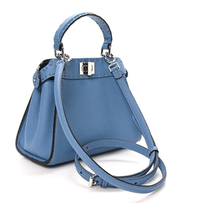 Fendi Cuoio Romano Selleria Macro Stitchings Mini Peekaboo Iconic Satchel Placca Argento Blue 3 of 10