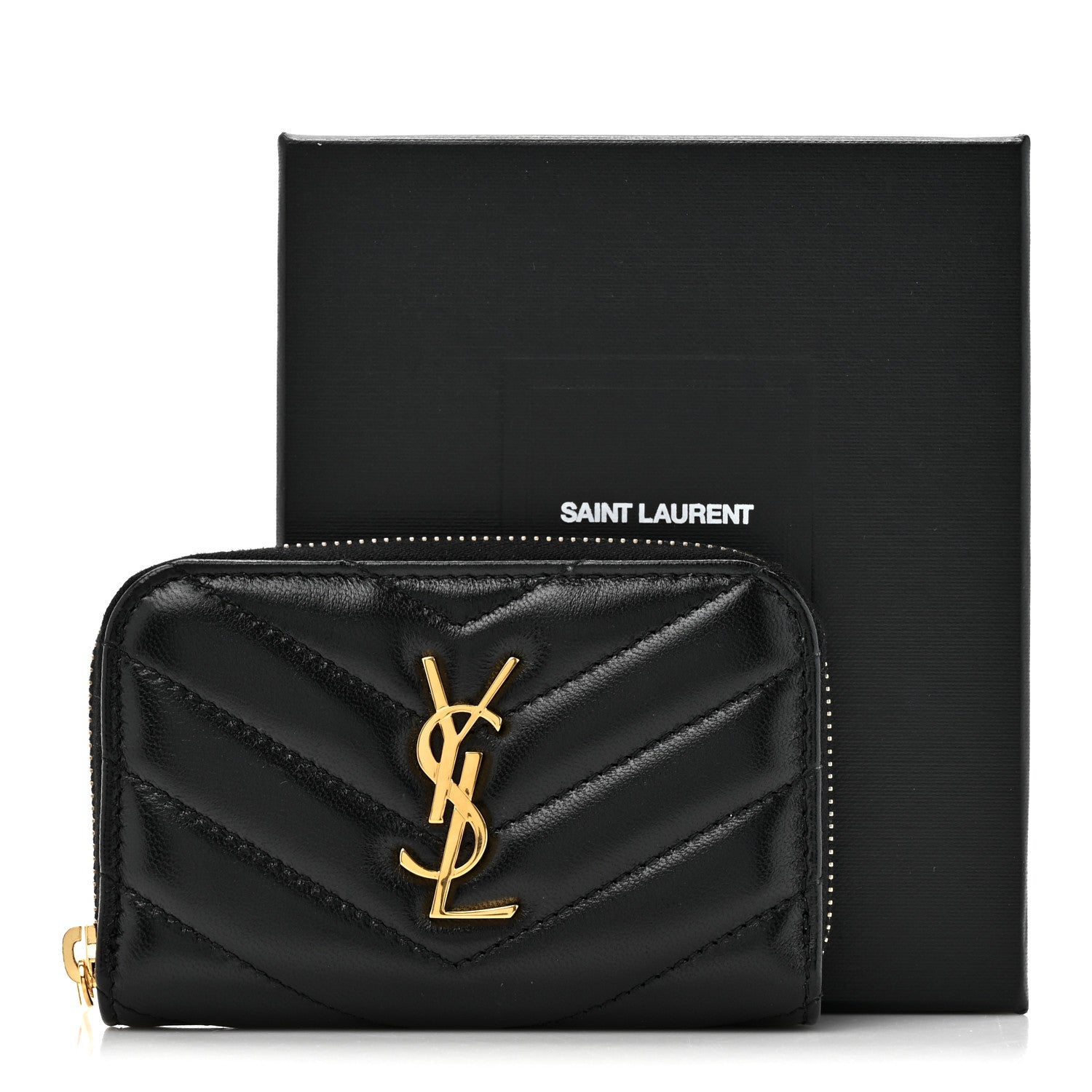 Saint Laurent Lambskin Matelasse Chevron Monogram Cassandre Compact Zip Around Card Wallet Black 7 of 7