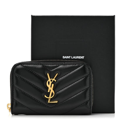 Saint Laurent Lambskin Matelasse Chevron Monogram Cassandre Compact Zip Around Card Wallet Black 7 of 7