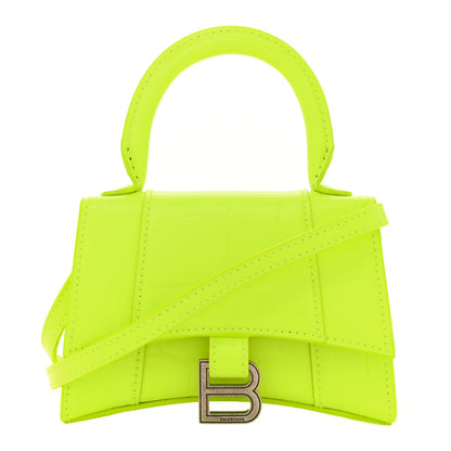 Balenciaga Semi Shiny Calfskin Crocodile Embossed Hourglass Top Handle Bag Mini Fluo Yellow 1 of 11