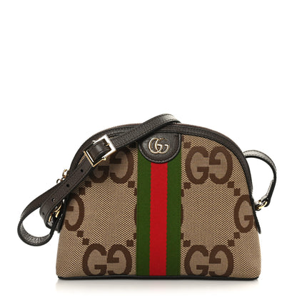 Gucci Monogram Jumbo GG Textured Dollar Calfskin Web Small Ophidia Dome Shoulder Bag Camel Ebony New Acero 1 of 9