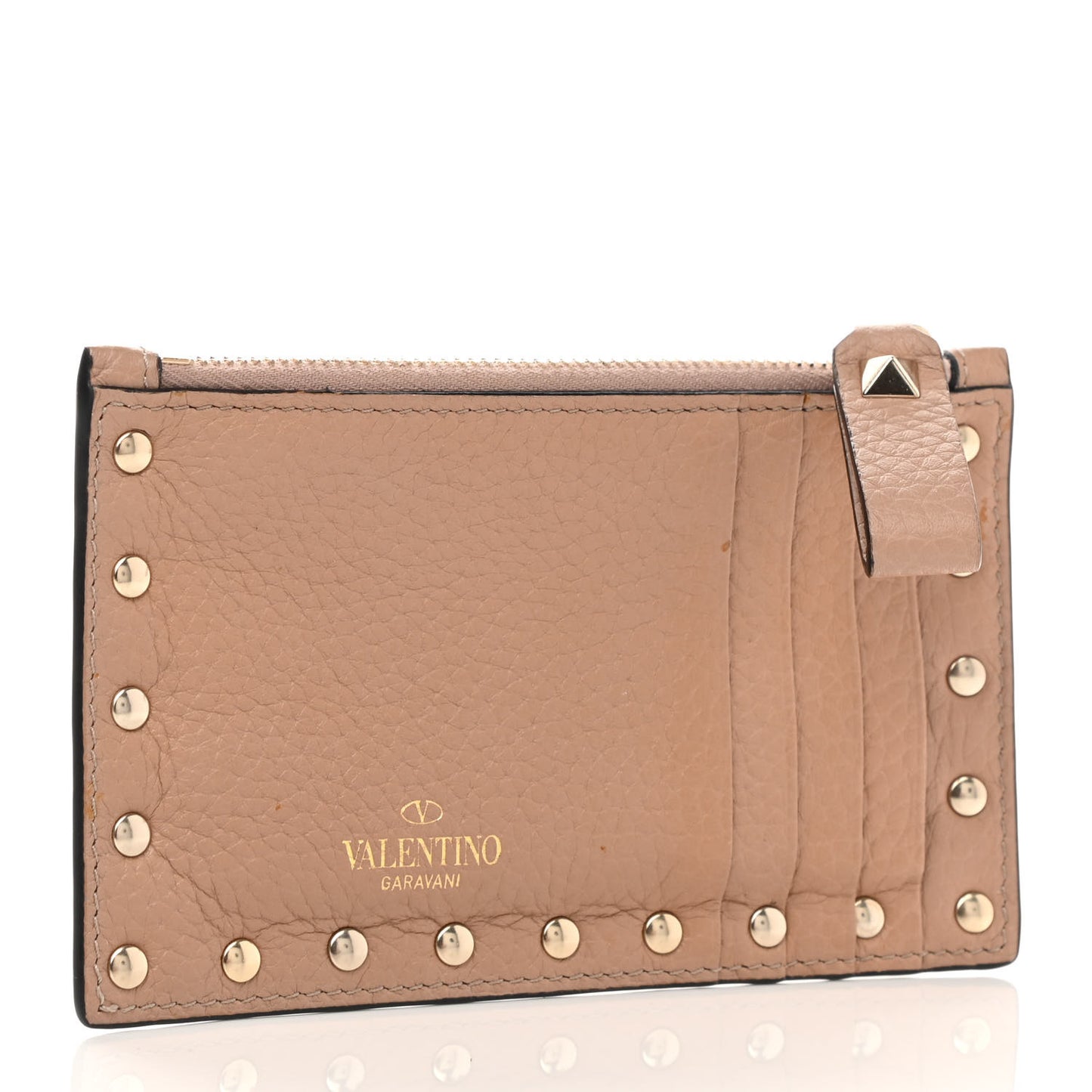 Pebbled Calfskin Rockstud Coin Case Card Holder Rose Cannelle
