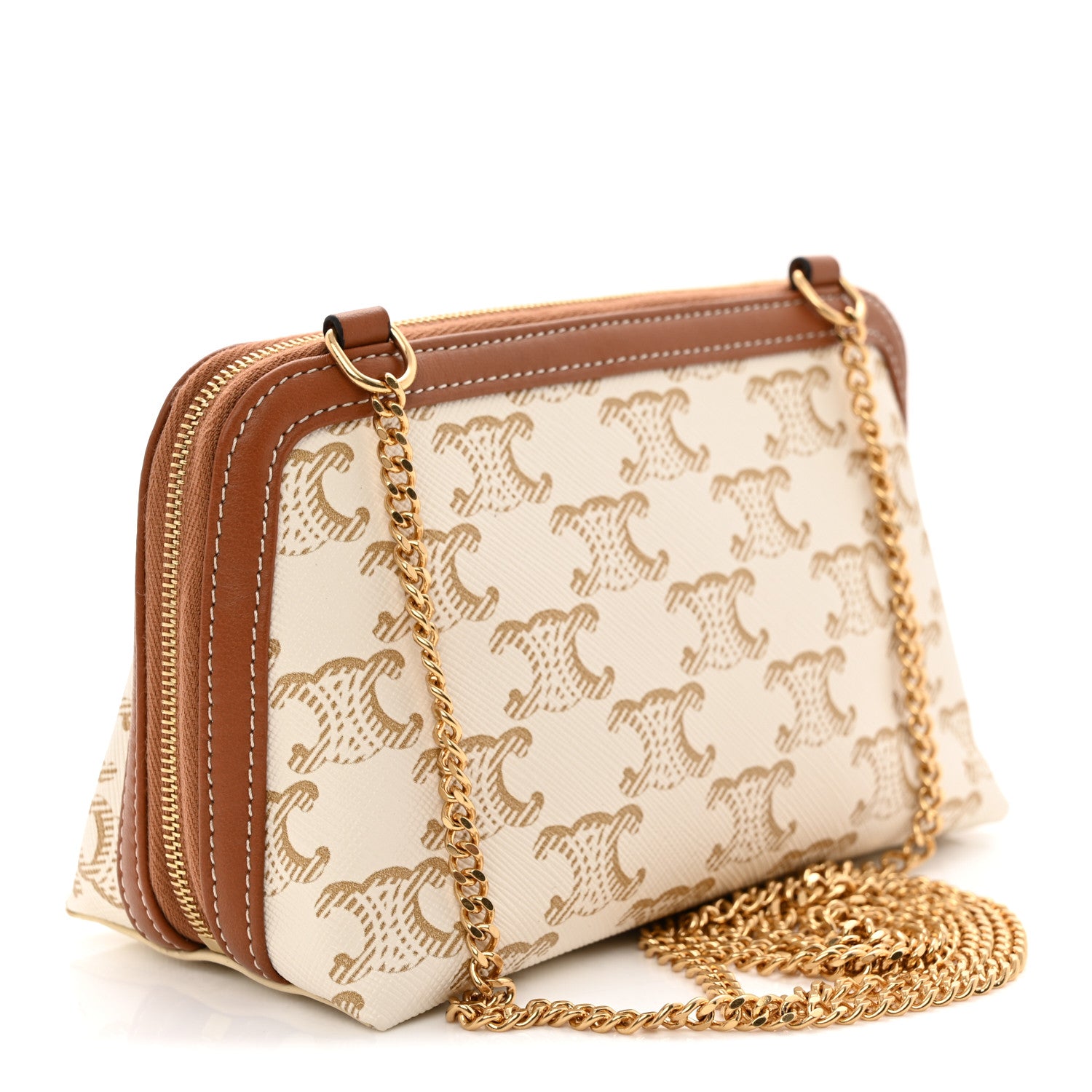 Celine Lambskin Triomphe Canvas Clutch With Chain  White Tan 3 of 10