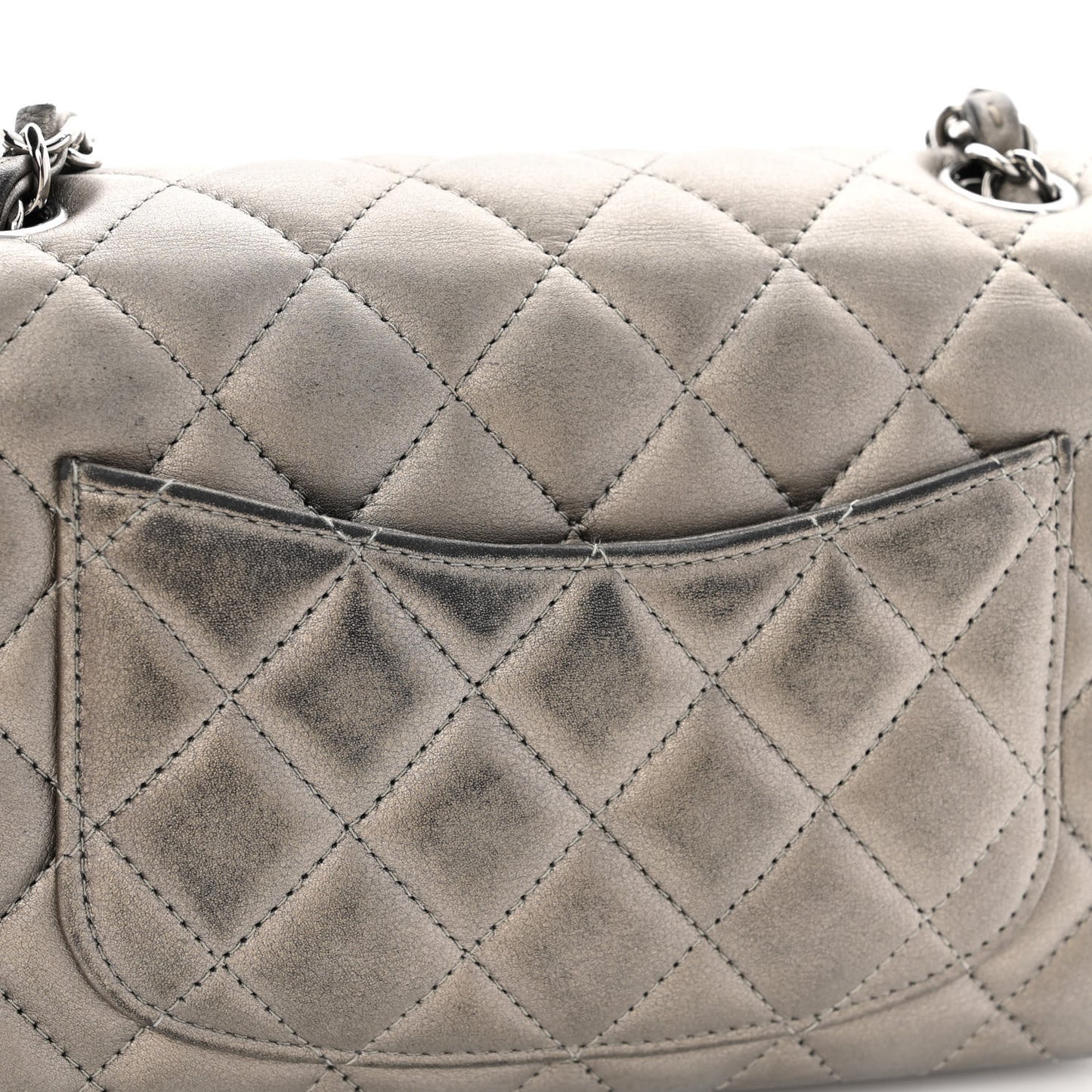 Metallic Calfskin Quilted Mini Rectangular Flap Ruthenium