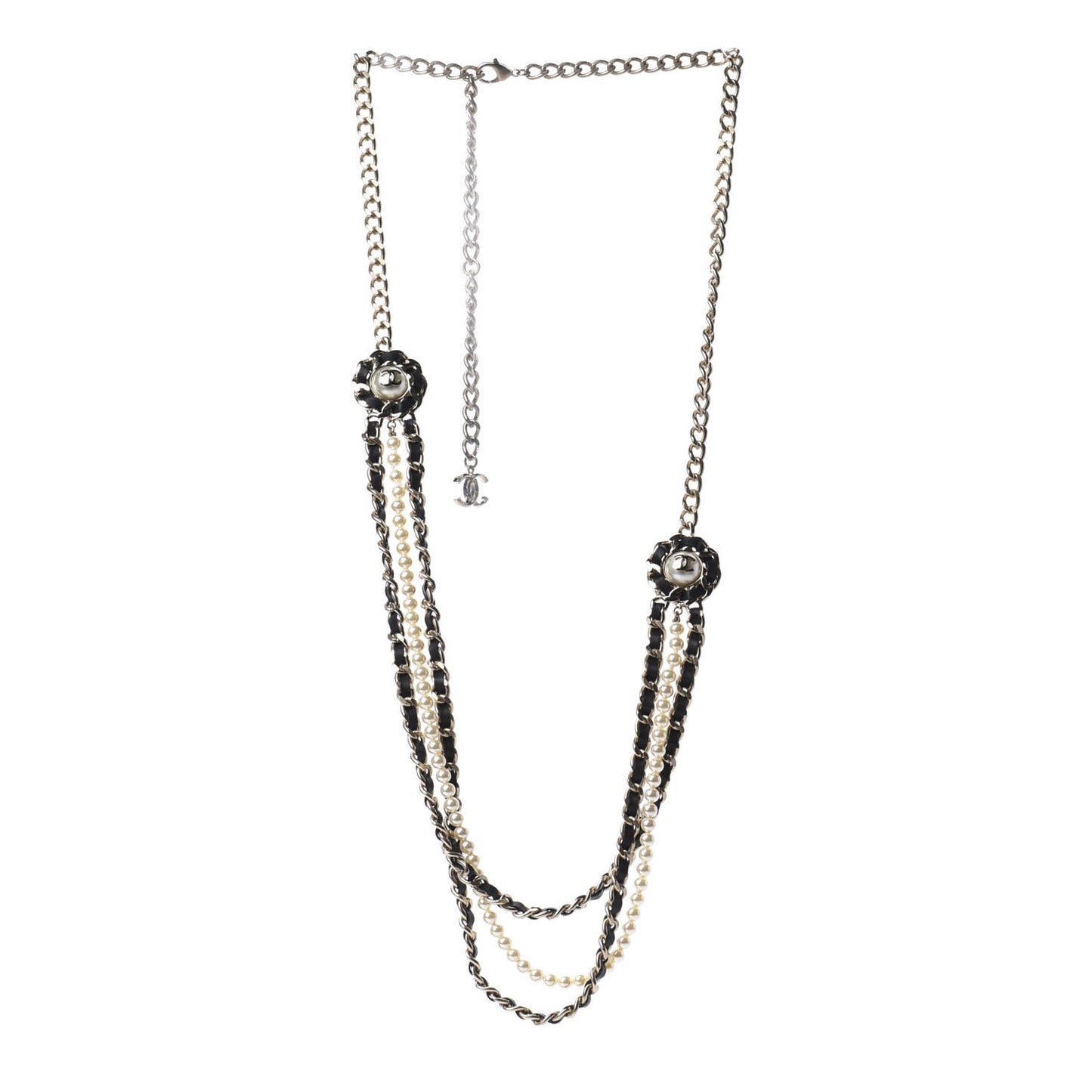 Lambskin CC Pearl Chain Necklace Black Gold