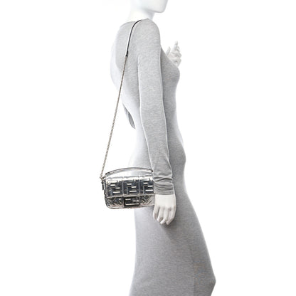 Fendi Vitello Catalan Mirror FF 1974 Embossed Mini Baguette Argento 2 of 9