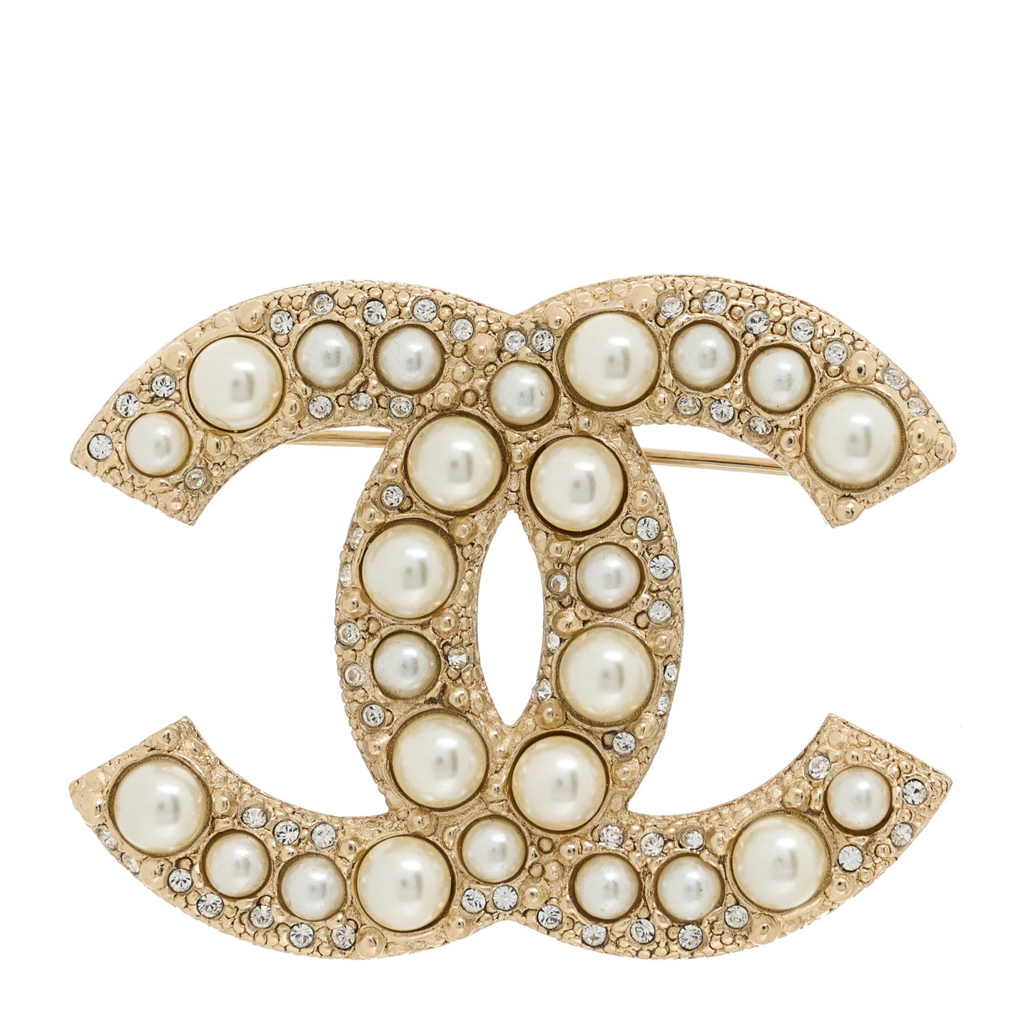 Graduated Pearl Crystal CC Brooch Gold