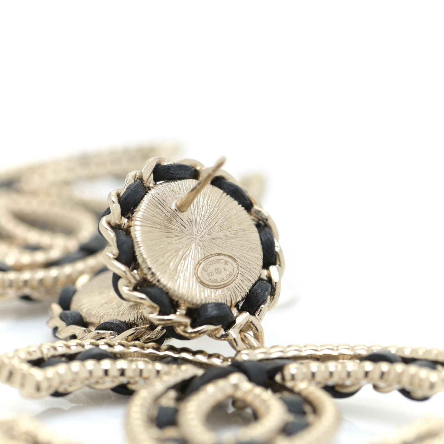 Chanel Pearl Lambskin Crystal Chain CC Drop Earrings Black Gold 4 of 5