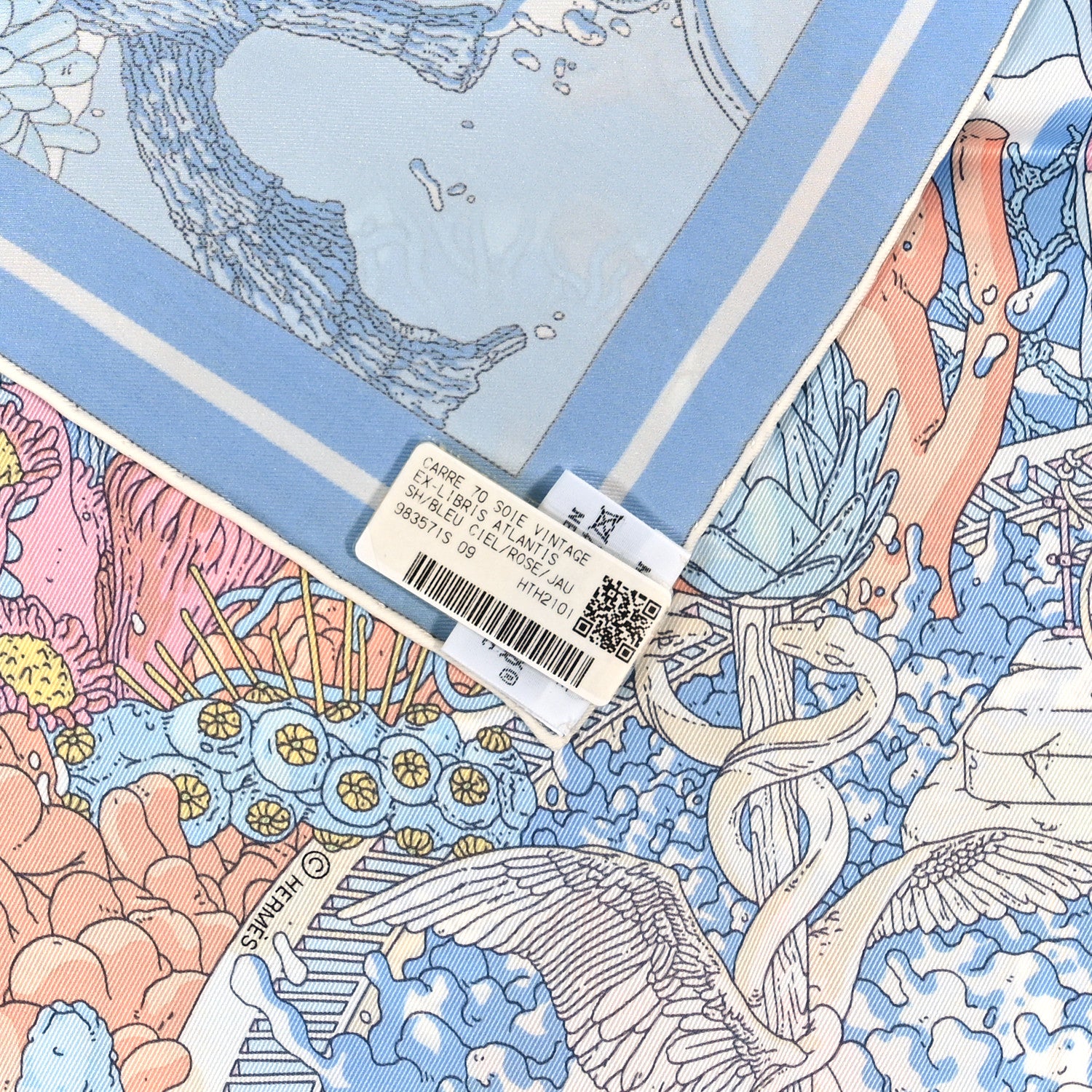 Hermes Vintage Silk Ex Libris Atlantis Scarf 70 Bleu Ciel Rose Jaune 3 of 3