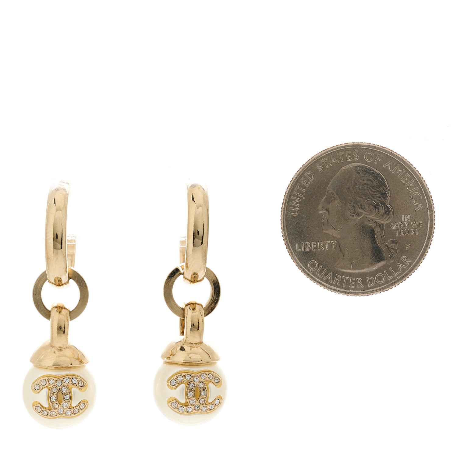 Chanel Crystal CC Pearl Drop Earrings Gold 2 of 5