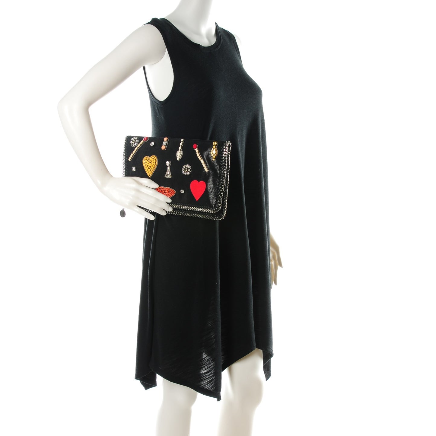 Shaggy Deer Embellished Falabella Fold Over Clutch Black