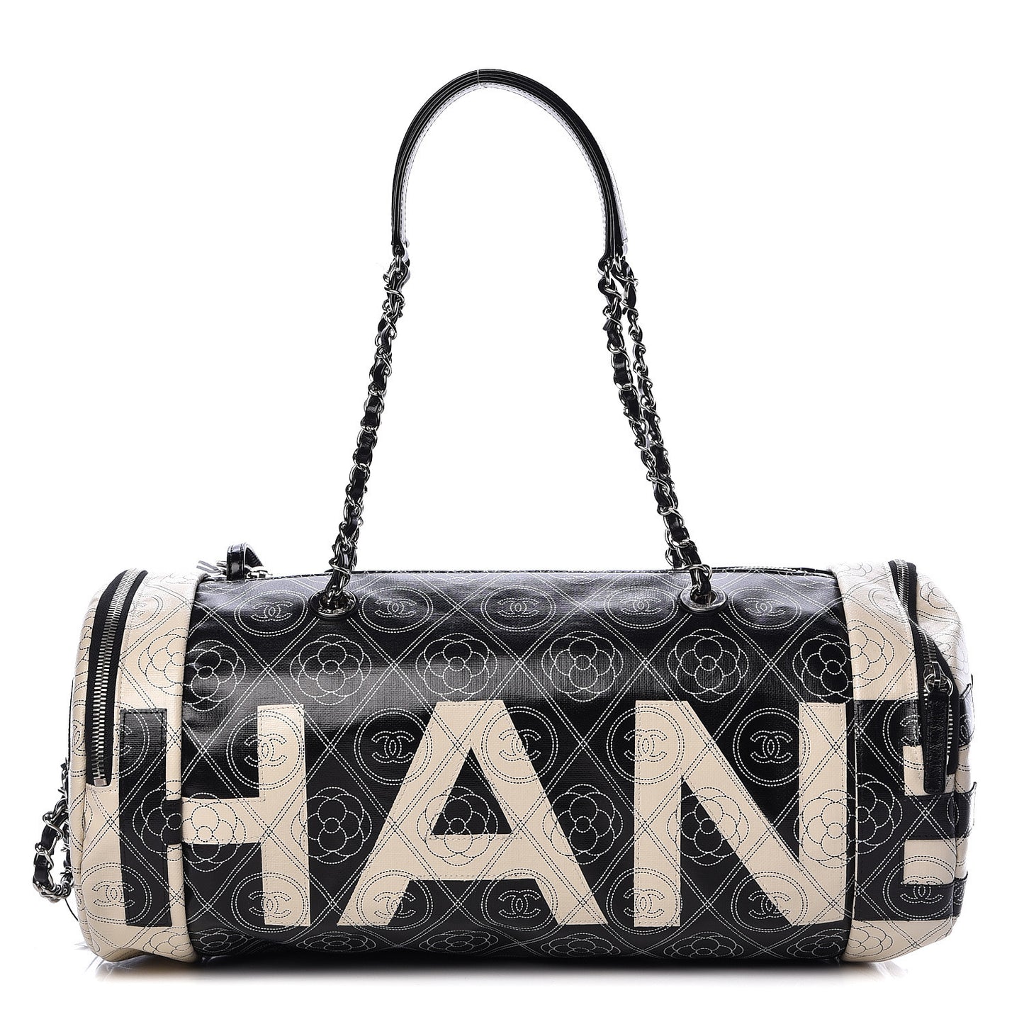 Coated Canvas Camellia Printed Calfskin Bowling Bag Black Beige