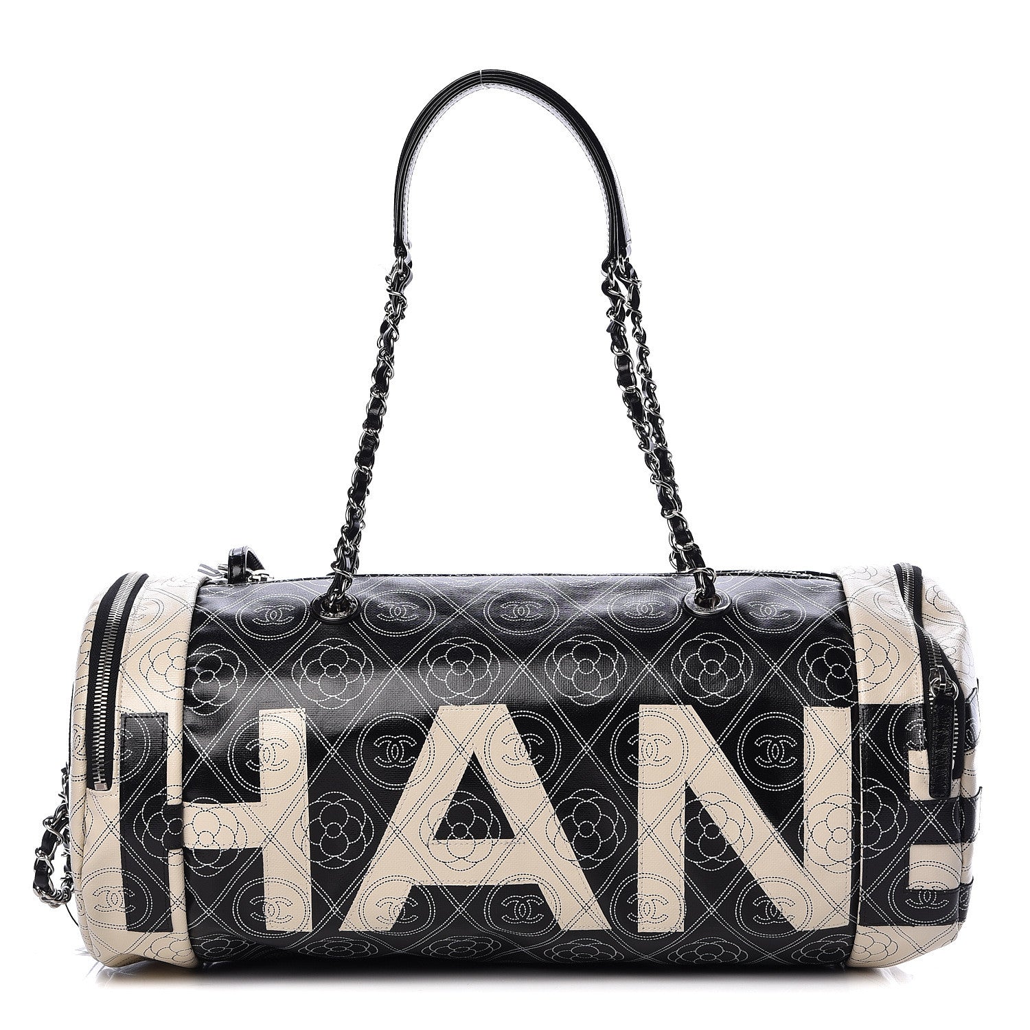 Chanel Coated Canvas Camellia Printed Calfskin Bowling Bag Black Beige 3 of 11