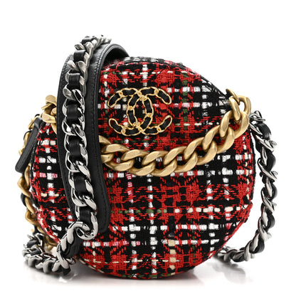 Chanel Tweed Quilted Chanel 19 Round Clutch With Chain  Red Black White Green 1 of 11
