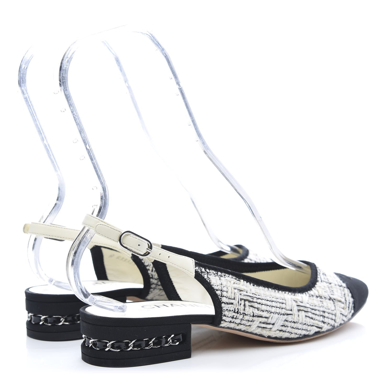 Chanel Tweed Cap Toe CC Slingback Flat 38 White Black 4 of 10