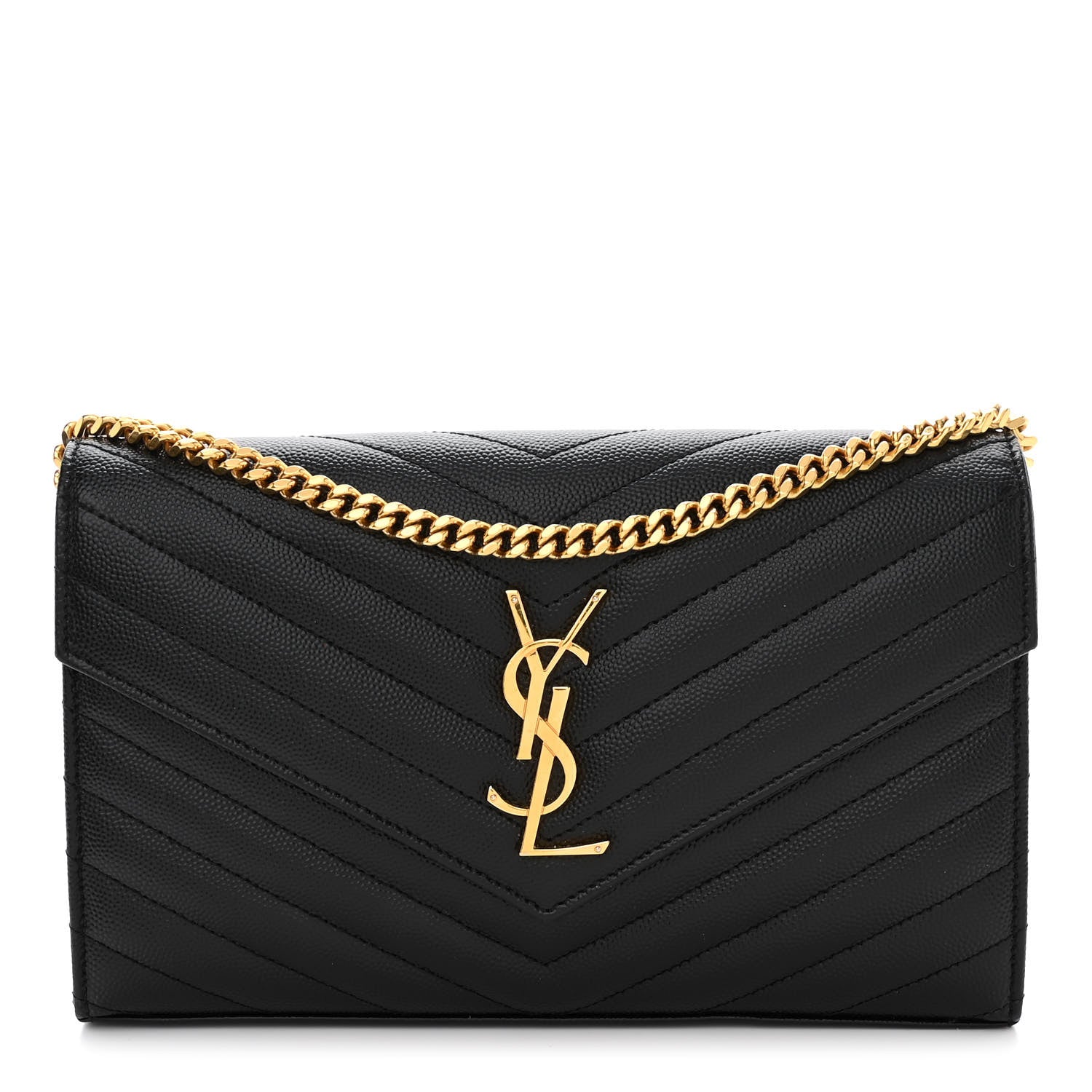 Saint Laurent Grain De Poudre Matelasse Chevron Monogram Chain Wallet Black 1 of 10