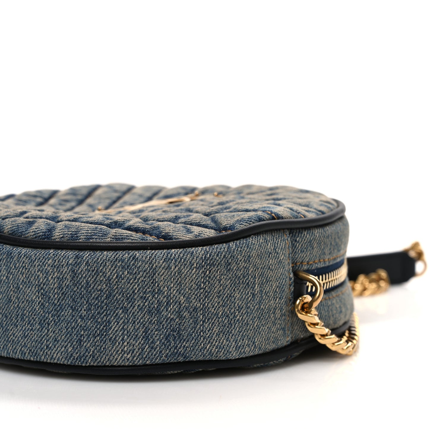 Denim Matelasse Chevron Quilted Round Vinyle Camera Bag Rodeo Blue Cinnamon