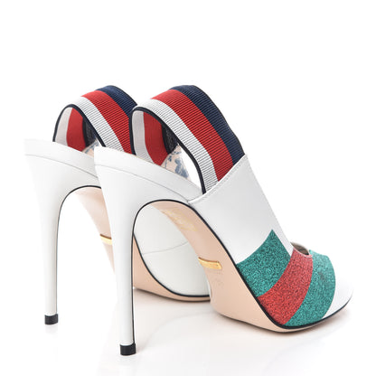 Gucci Calfskin Glitter Web High Heel Slingback Pumps 39 White 4 of 12