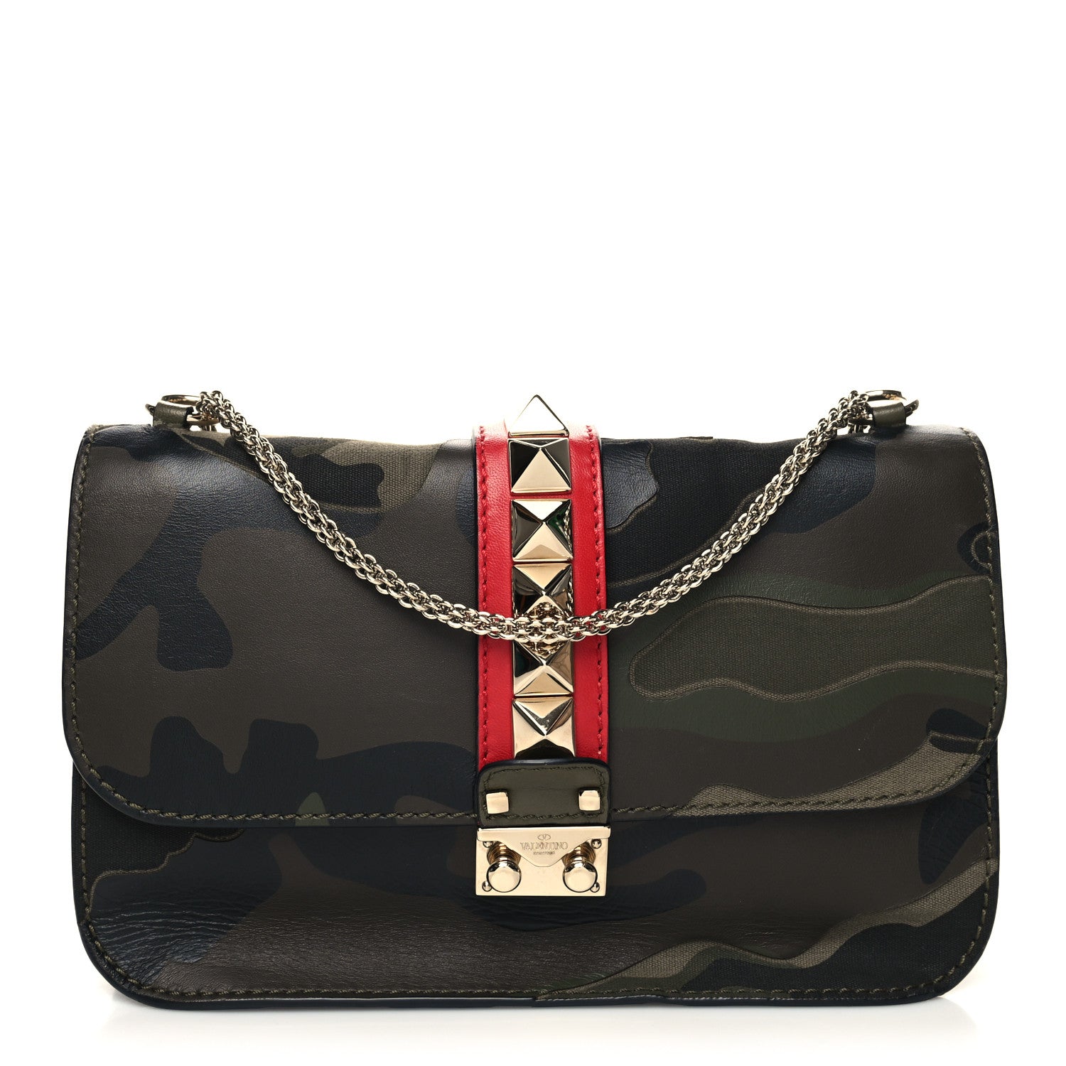 Valentino Garavani Nappa Canvas Camouflage Medium Glam Lock Rockstud Flap Verde 1 of 9