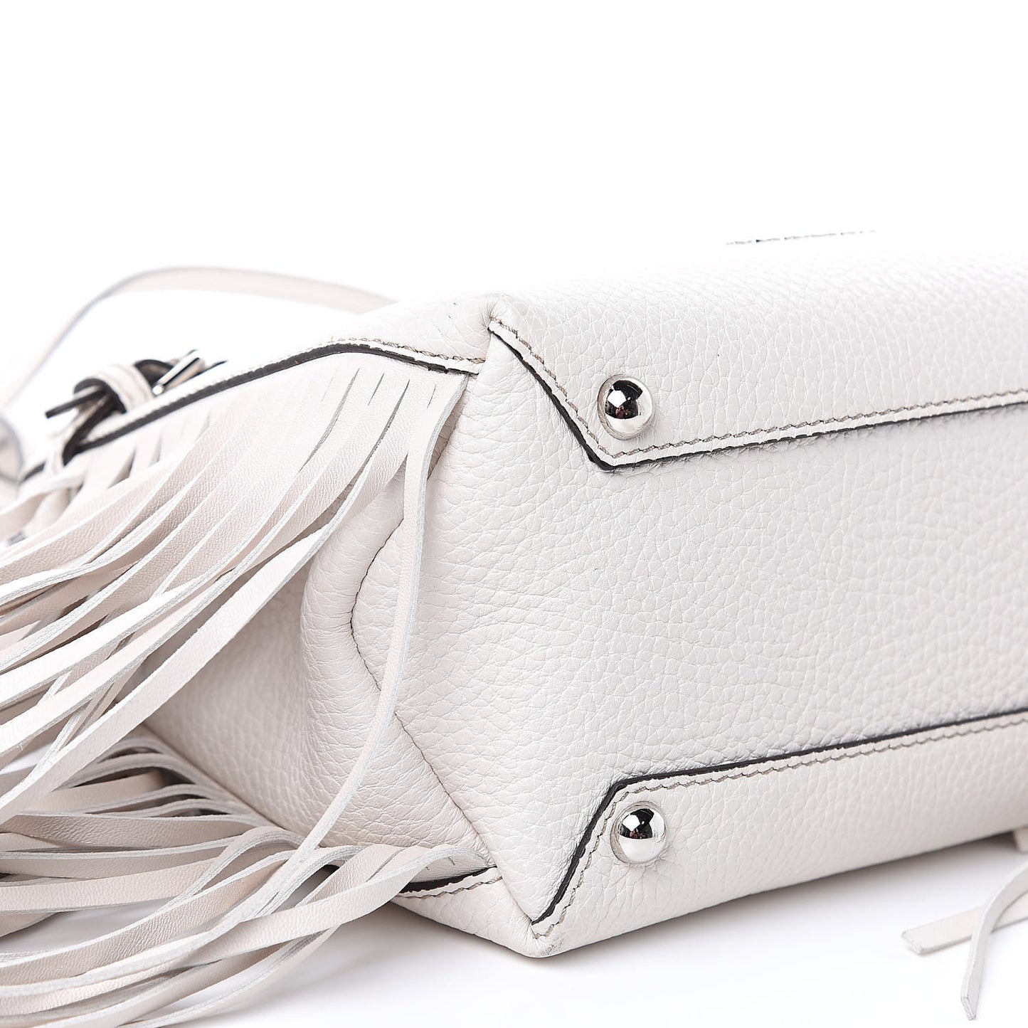Grainy Calfskin Studded Fringe Baby Banner Tote White