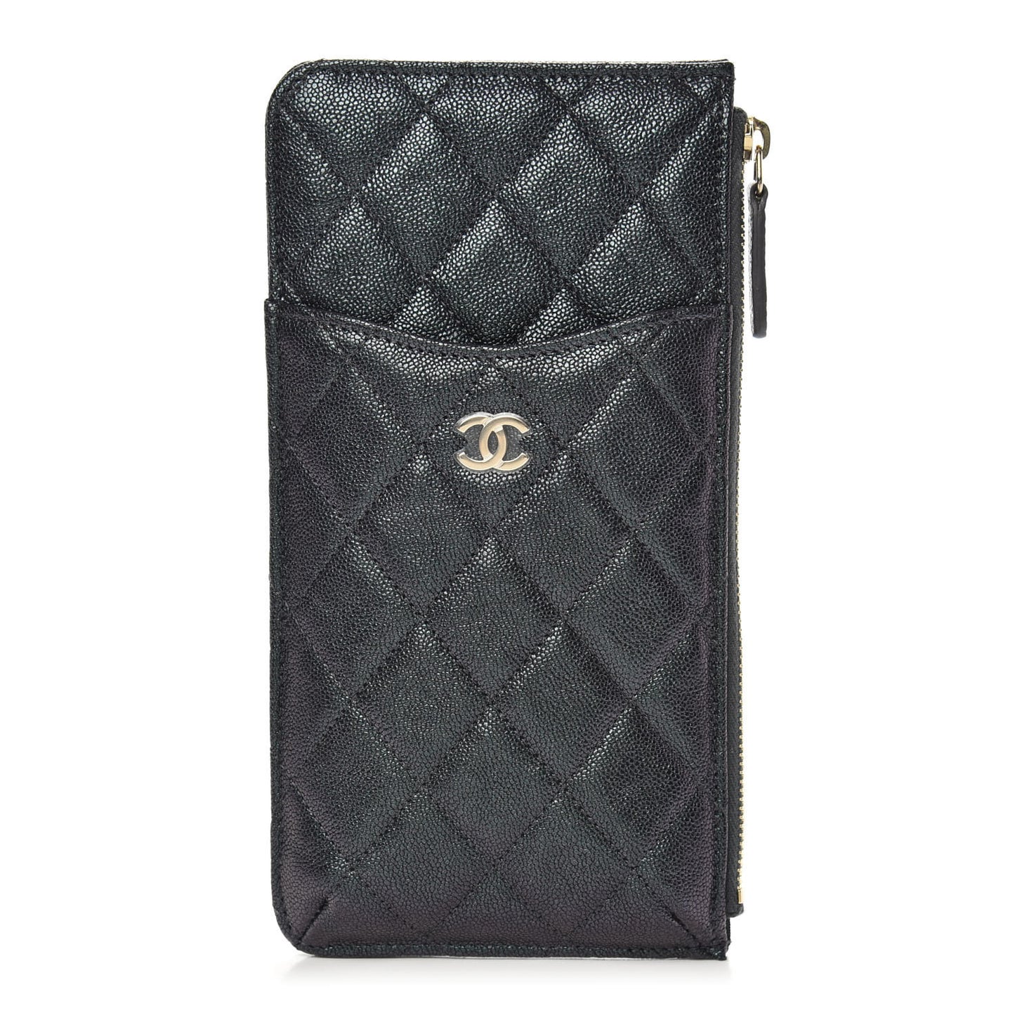 Iridescent Caviar Quilted Classic Flat Wallet Pouch Black