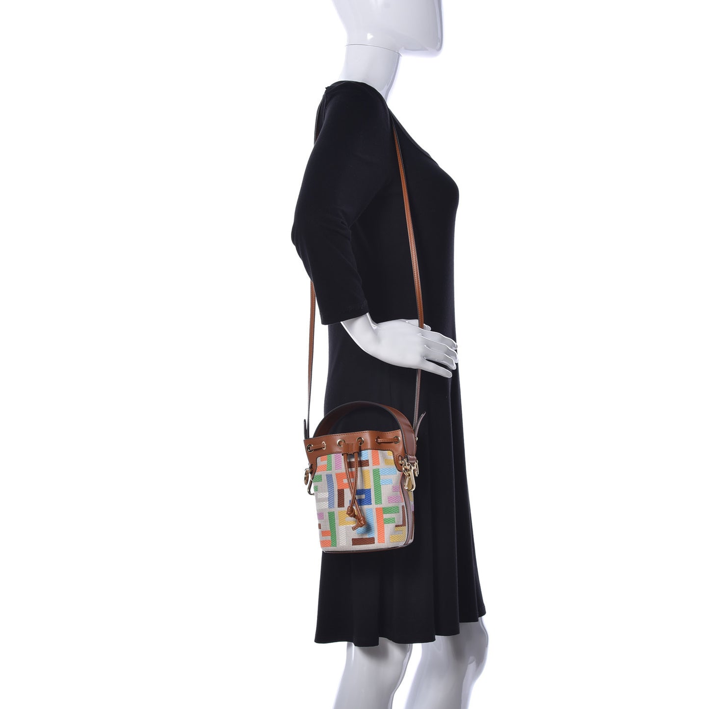 Kuban Canvas Vitello King F is Fendi FF Embroidered Mini Mon Tresor Bucket Bag Multicolor Cuoio