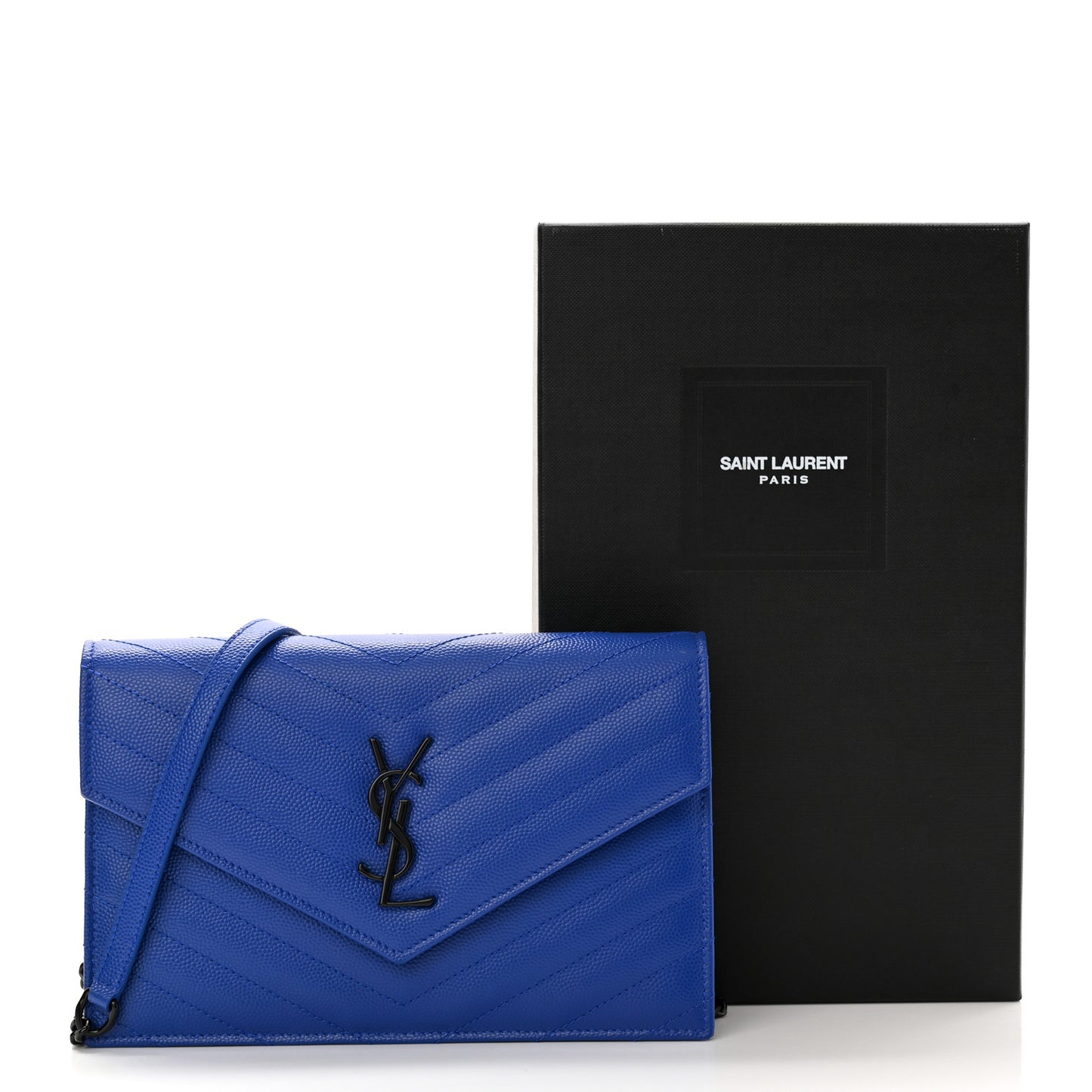 Grain De Poudre Matelasse Chevron Monogram Envelope Chain Wallet Blue Majorelle