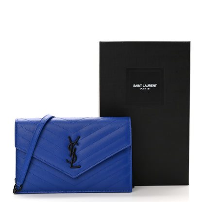 Saint Laurent Grain De Poudre Matelasse Chevron Monogram Envelope Chain Wallet Blue Majorelle 10 of 10