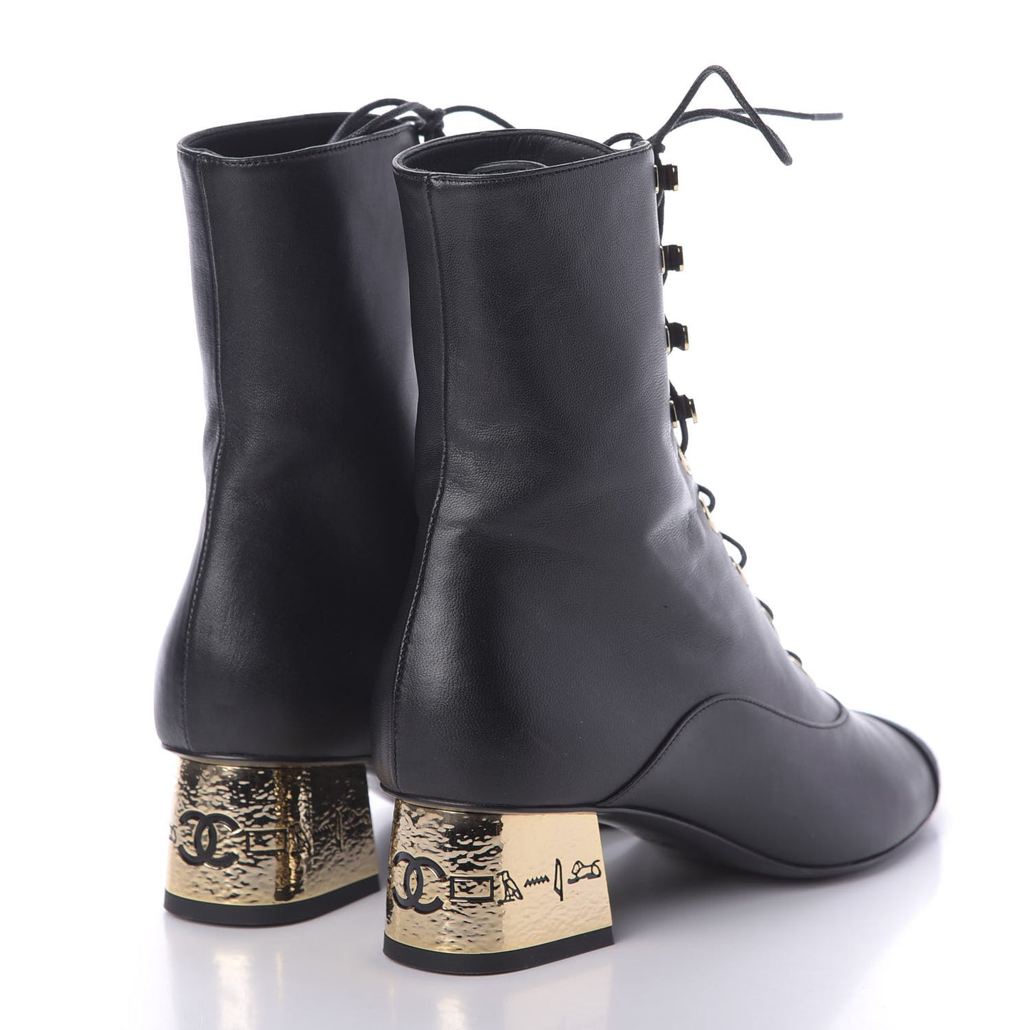 Lambskin Grosgrain Cap Toe Egyptian Amulet CC Lace Up Boots 37 Black