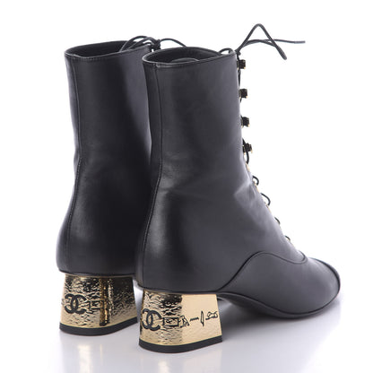 Chanel Lambskin Grosgrain Cap Toe Egyptian Amulet CC Lace Up Boots 37 Black 4 of 9