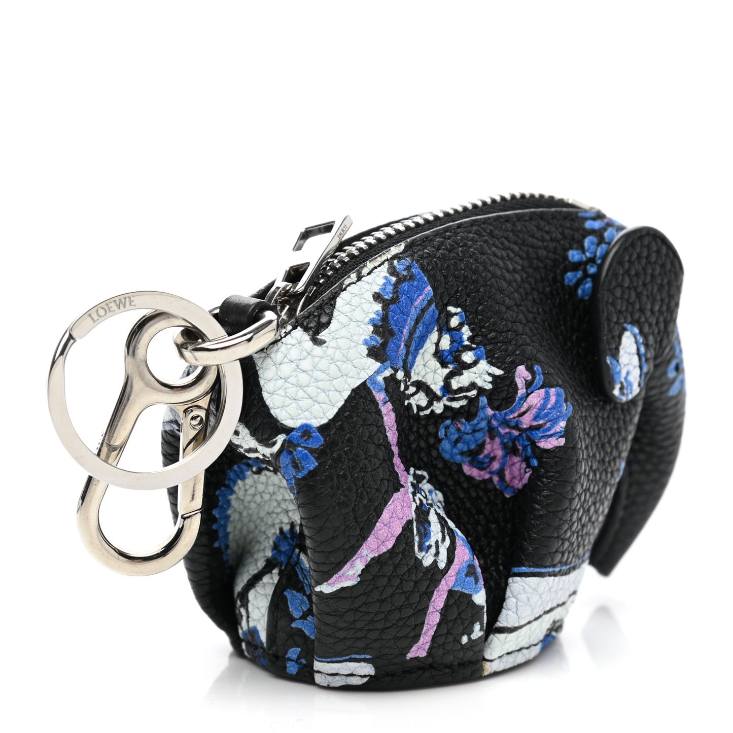 Calfskin Circus Print Elephant Coin Purse Bag Charm Key Holder Black Multicolor
