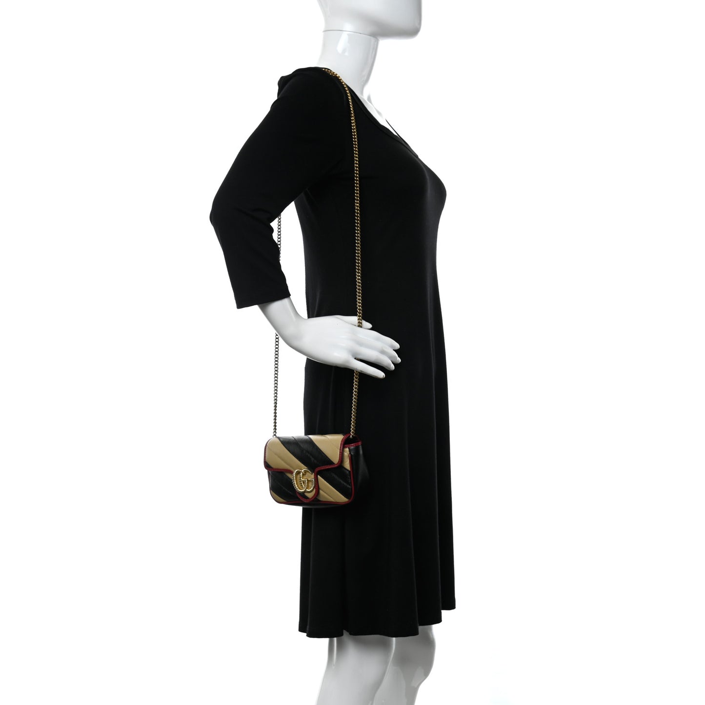 Vintage Effect Calfskin Matelasse Diagonal Striped Super Mini Torchon GG Marmont Shoulder Bag Black Beige