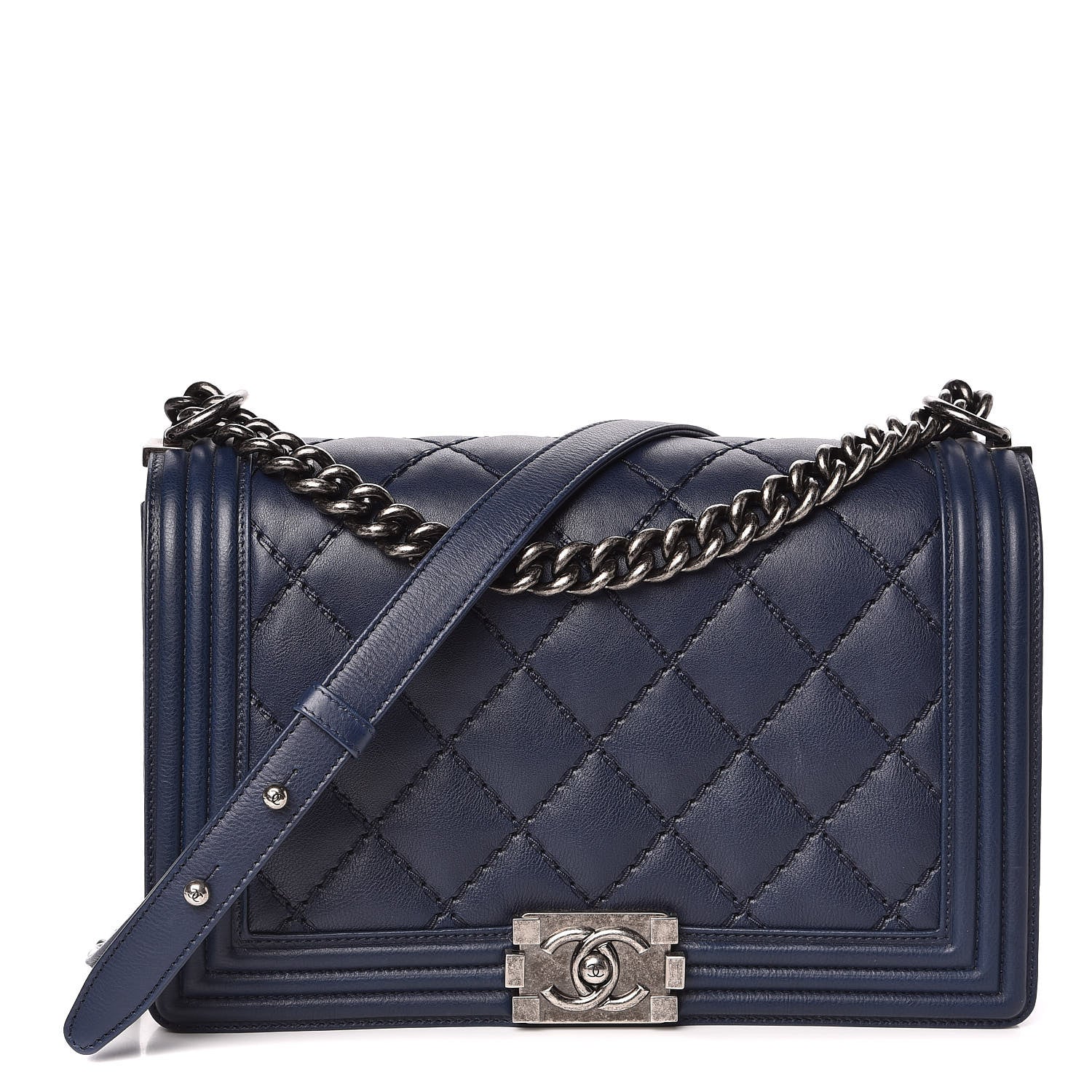Chanel Calfskin Double Stitch New Medium Boy Flap Navy Blue 1 of 13